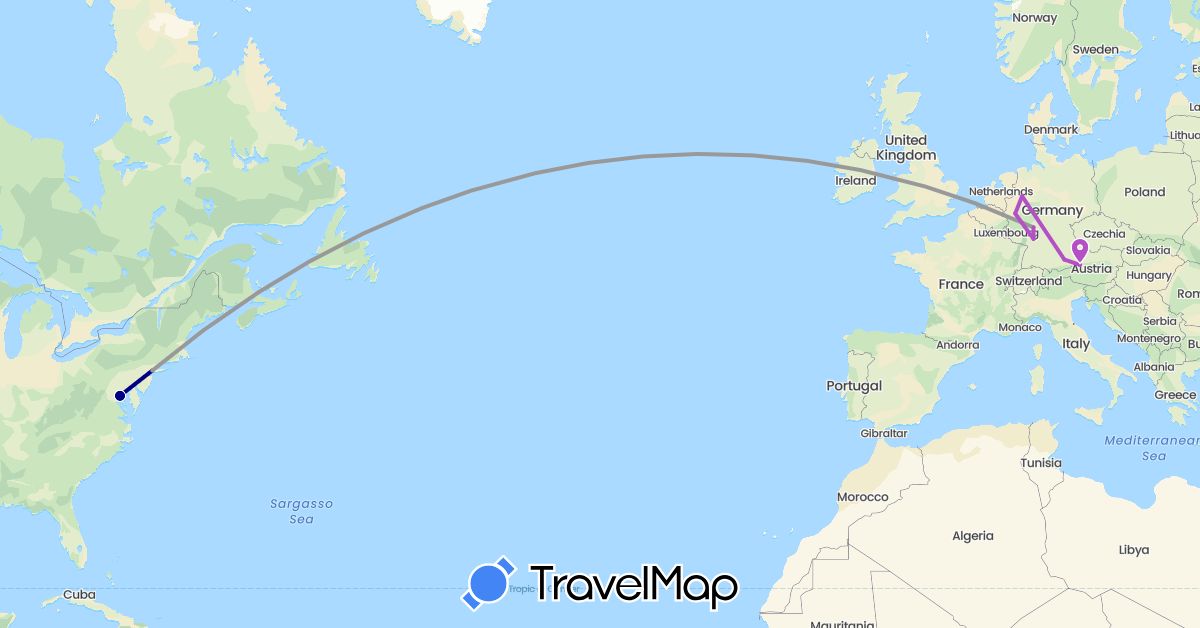 TravelMap itinerary: driving, plane, train in Austria, Germany, United States (Europe, North America)